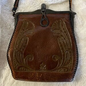 1917 Vintage Leather TurnLoc Tooled Bag art deco